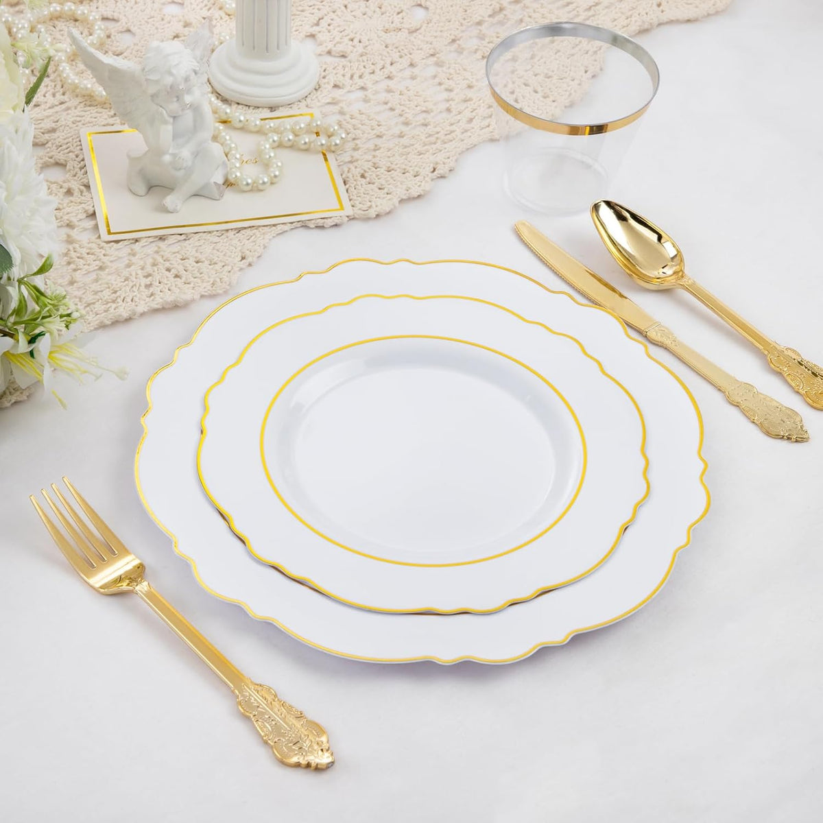 Liacere 350PCS Gold Plastic Plates-Disposable White and Gold Plates 50guest Baroque Plastic