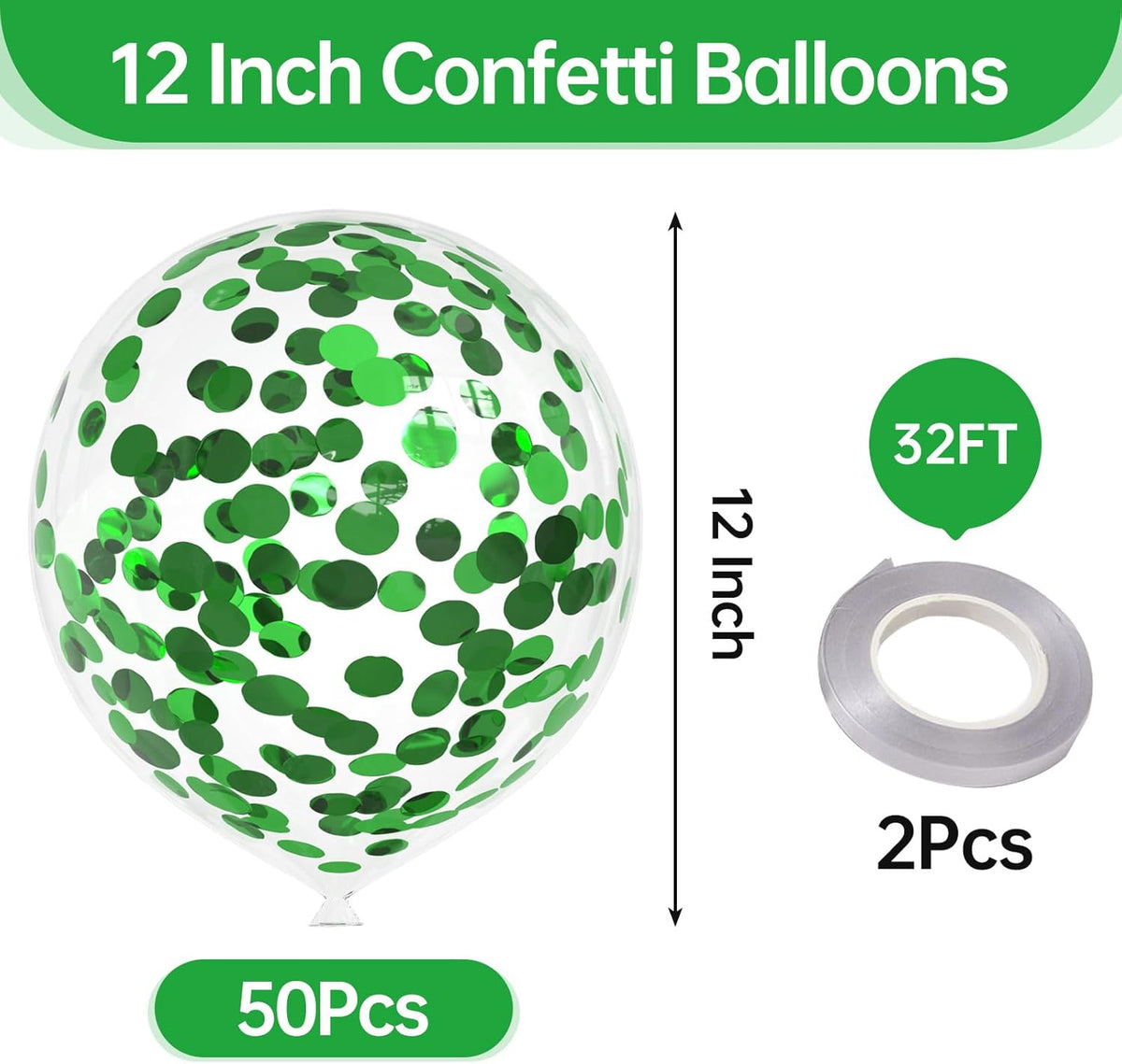 50pcs Green Foil Confetti Balloons,12 inch Latex Balloon with Green Confetti Inside for Birthday