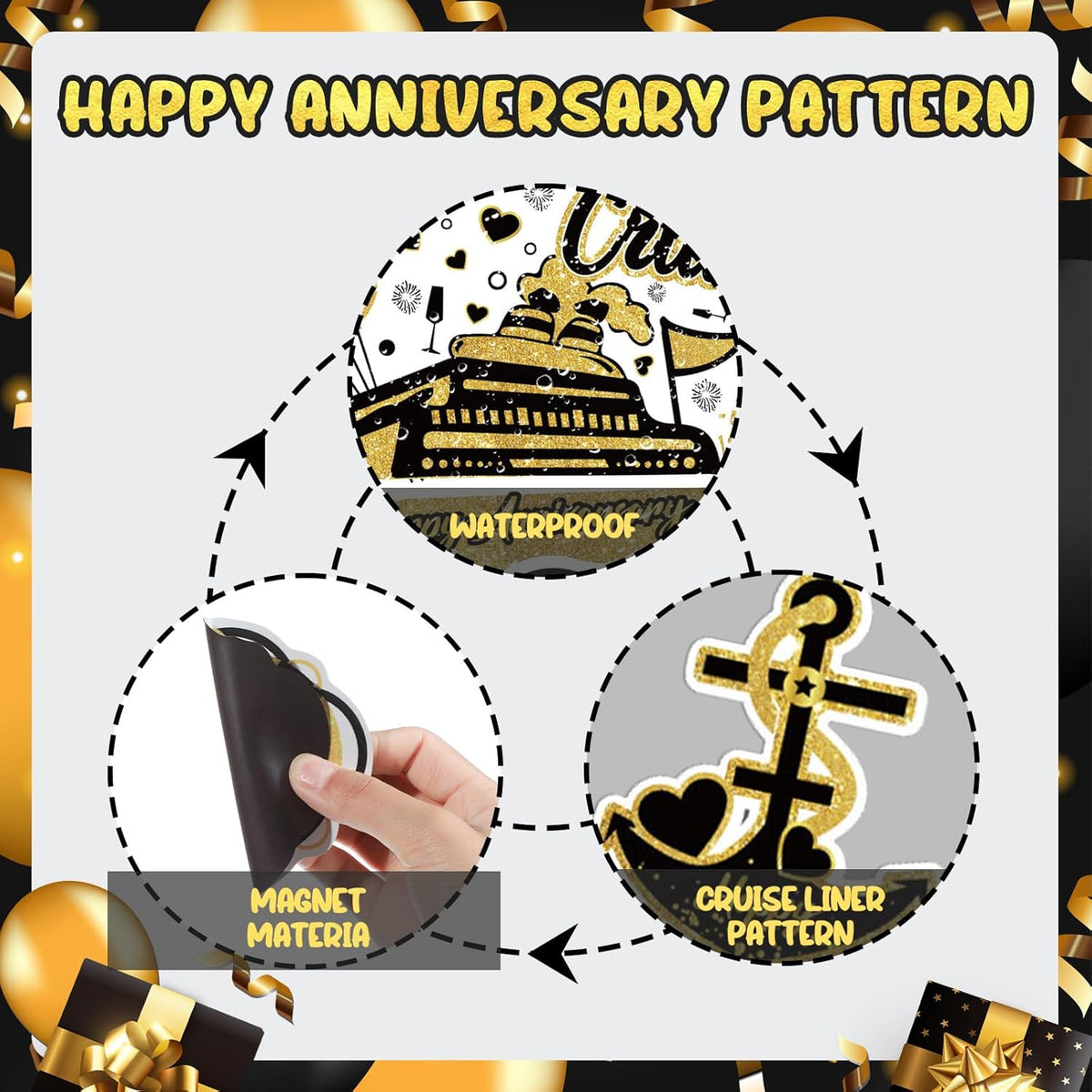 Happy Anniversary Cruise Door Magnets Decorations, Black Gold Happy Anniversary Cruise Ship Door