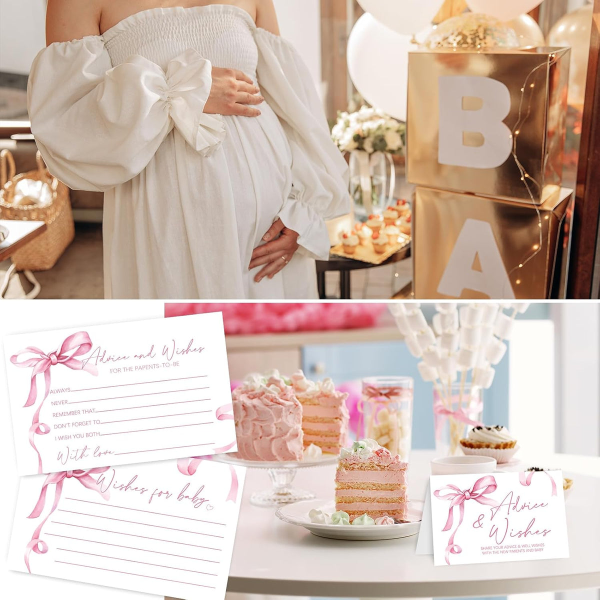 50Pcs Baby Shower Advice Cards Double-Sided Pink Bow Advice and Wish Cards with Wood Box for New
