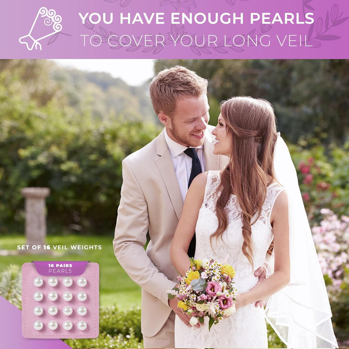 Pearl Veil Weights - 16 Pairs of Magnetic Bridal Veil Weights - Secures Long Veils for Outdoor