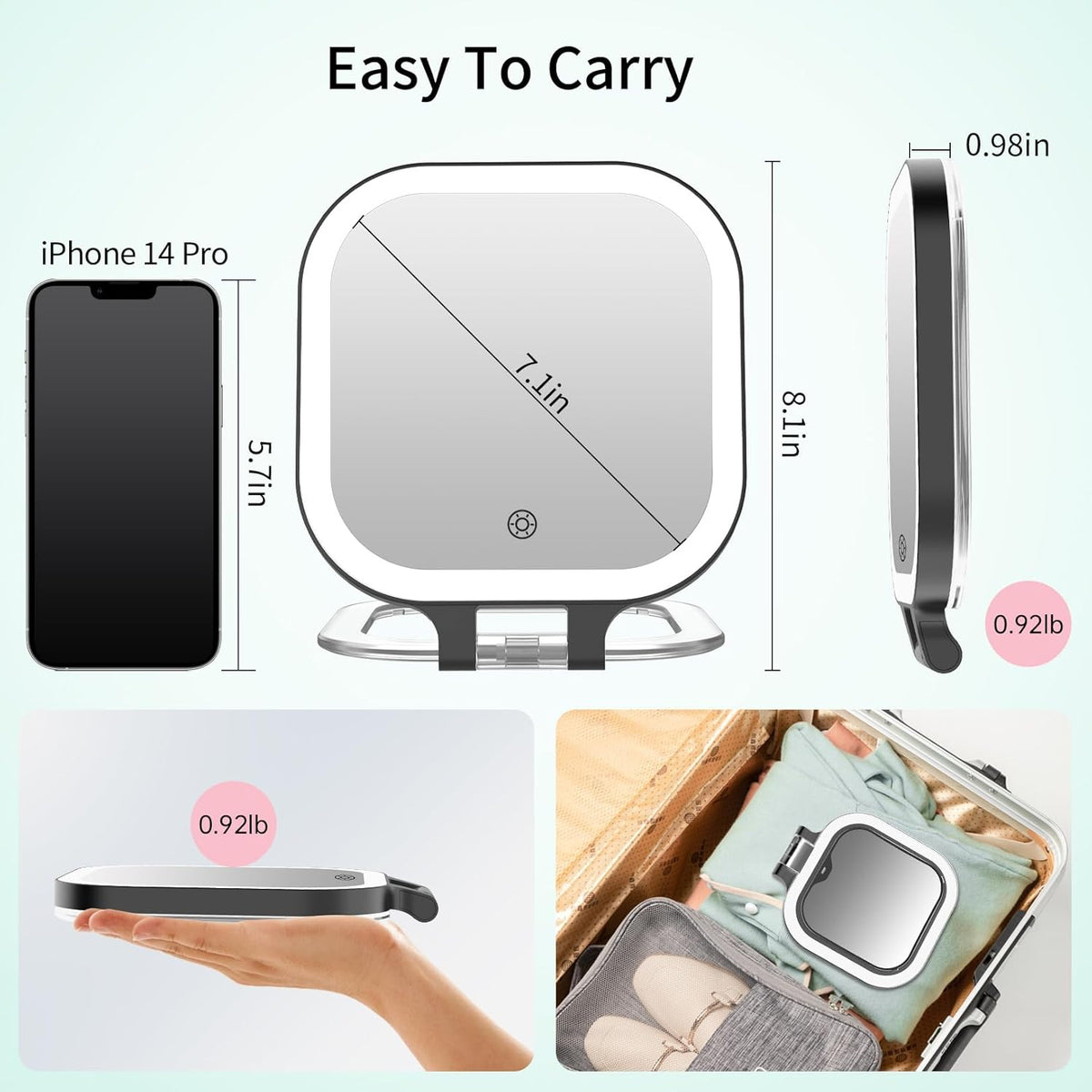 FASCINATE 10X Magnification Rechargeable Travel Makeup Mirror, 7" Lighted Portable Vanity Mirror
