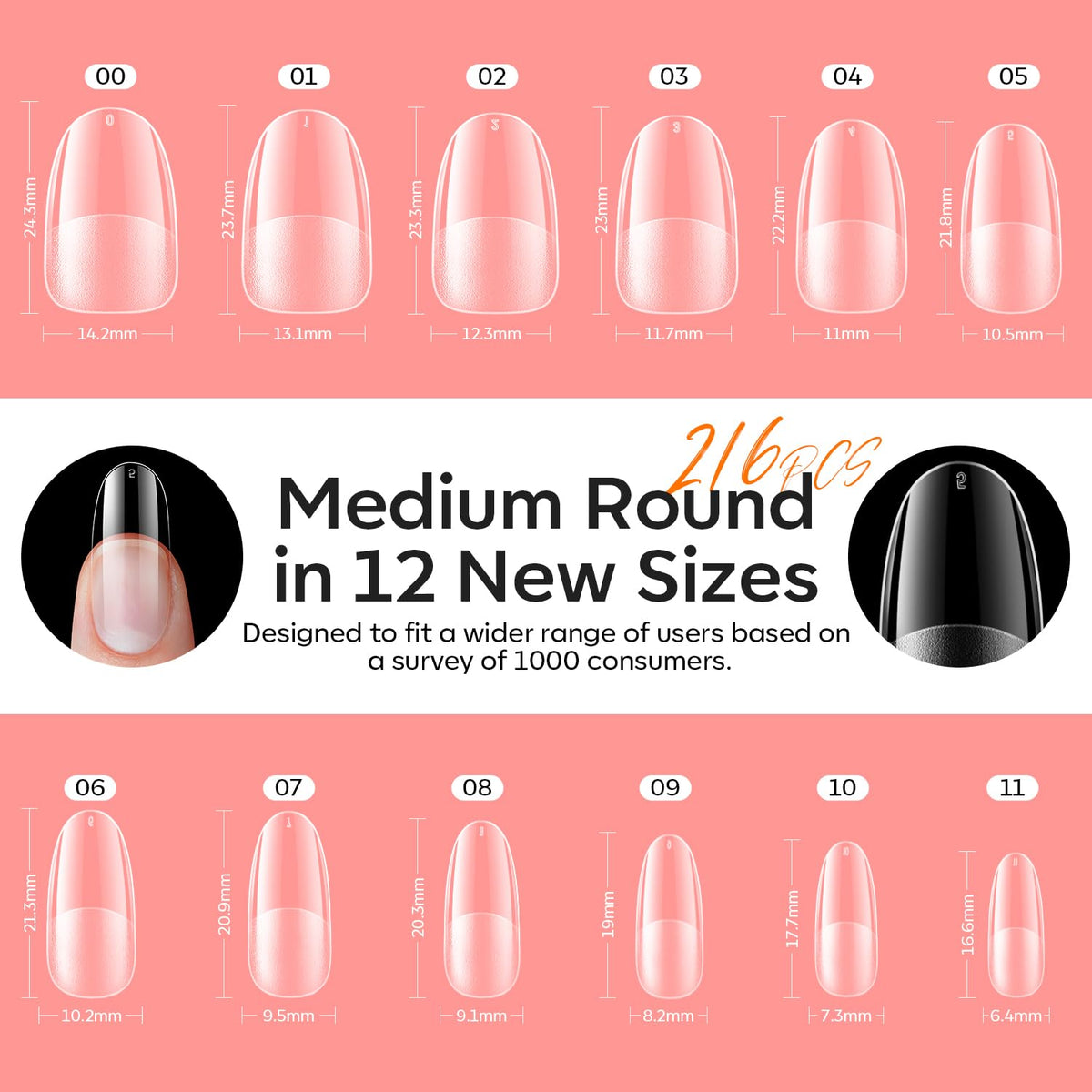modelones Medium Oval Gel Nail Tips Kit, 9-in-One Nail Glue with Portable U V Lamp 216Pcs 12Sizes