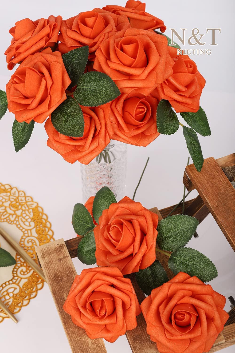 N&T NIETING Artificial Flowers, Fake Flowers Burnt Orange Roses Perfect for DIY Wedding Bridal