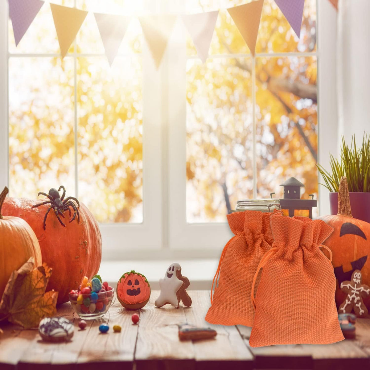 20Pcs Burlap Gift Bags 2.7 x 3.5 inch, Orange Jute Drawstring Bags for Halloween Party Favors