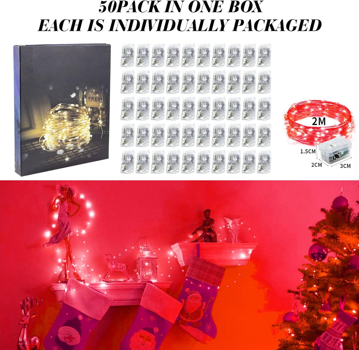 ZGWJ 50 Pack Fairy Lights Battery Operated, 7ft 20 Mini LED Fairy String Lights Silver Wire 3 Modes