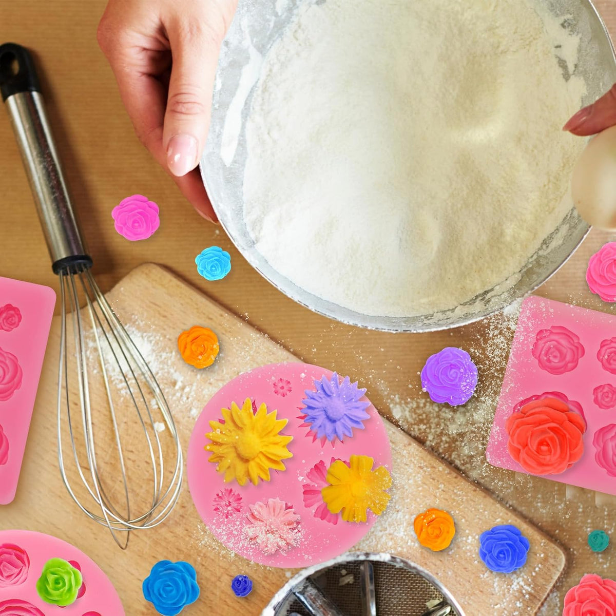 4 Pcs Flower Silicone Molds, Fondant Cake Flower Mold Silicone Daisy Rose Clay Mold Polymer Clay