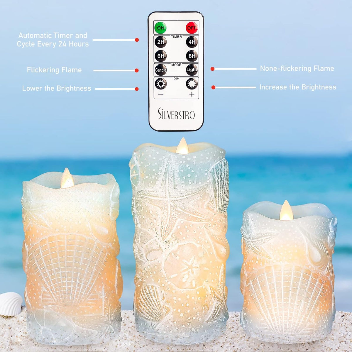 Silverstro Ocean Flameless Candles Remote Carved Seashell Real Wax Flicker Battery Operated Candles