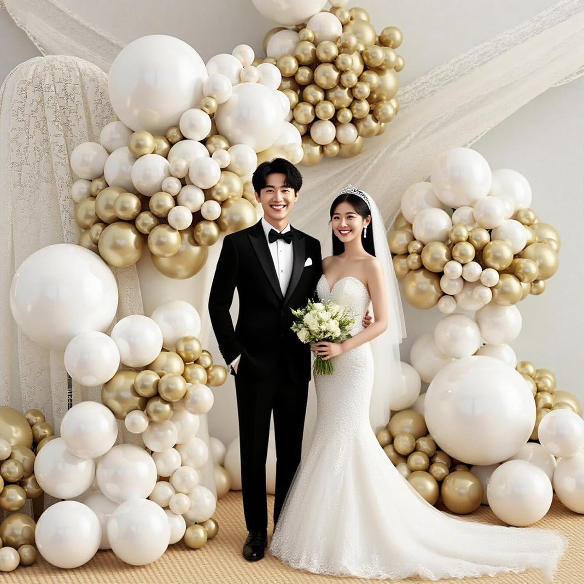 412pcs Sand White Gold Balloon Arch Kit, 18 12 10 5 Inch Different Size White Metallic Gold Latex