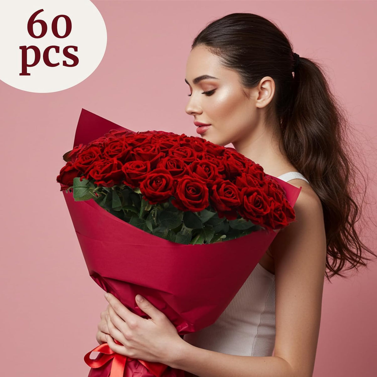 60Pcs Red Roses Artificial Flowers, Velvet Silk Faux Roses, Realistic Red Flowers for Wedding