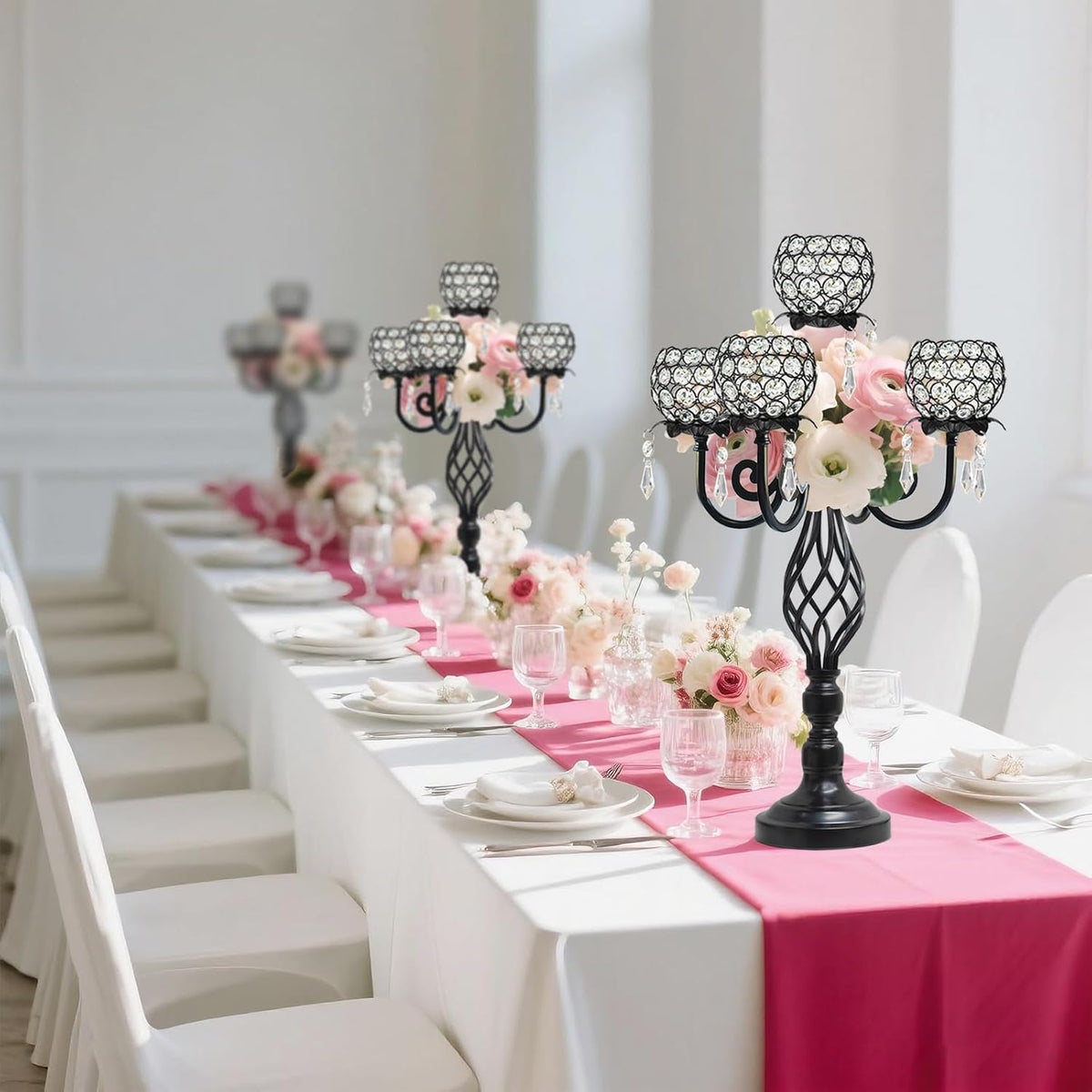 5-Arm Crystal Candelabra Centerpiece 23.2" Tall - Elegant Candle Holder Stand with Crystal Bowl