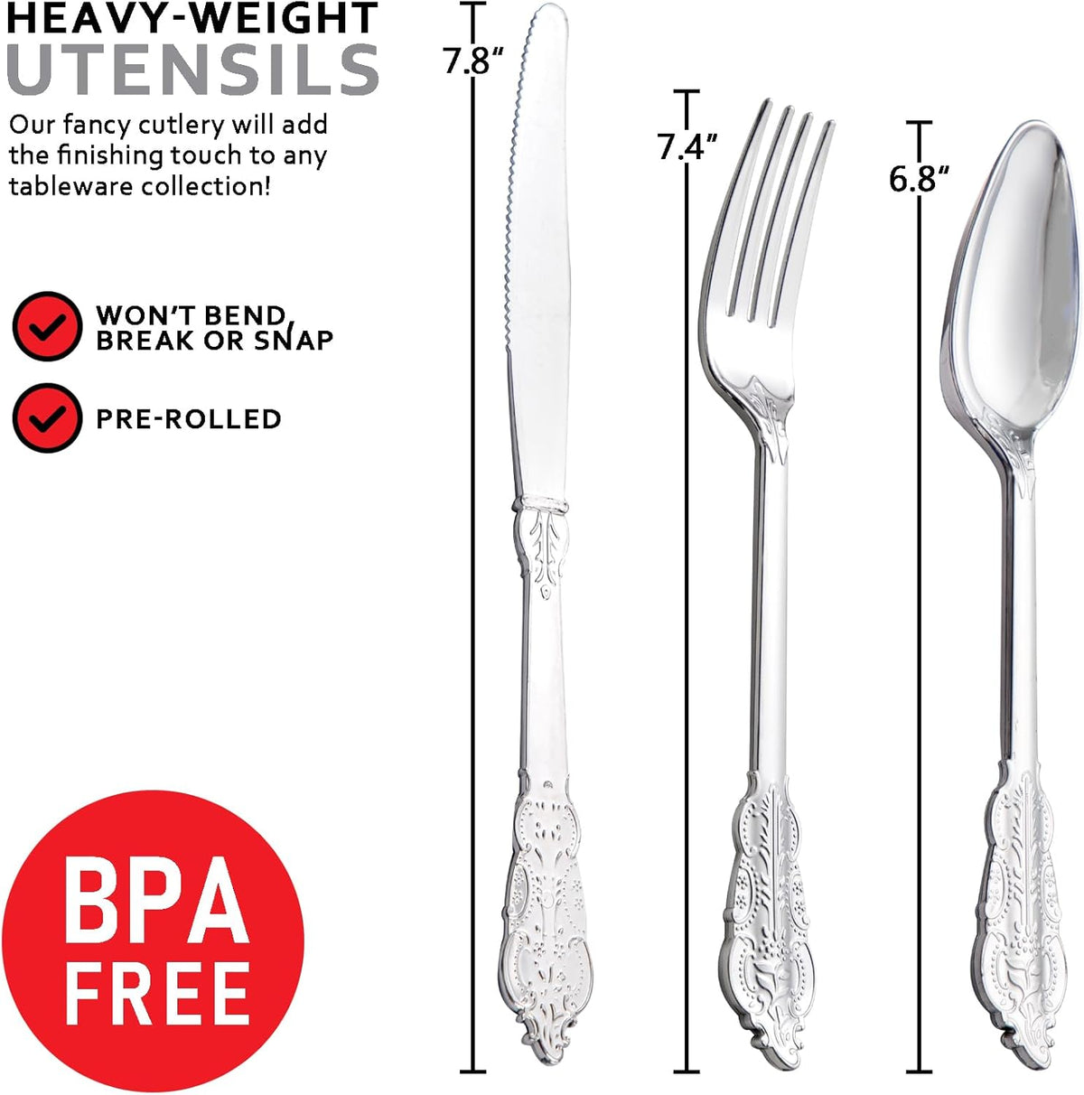 400PCS Pre Rolled Silver Plastic Silverware Sets - Heavy Duty Fancy Silver Cutlery - Include 100