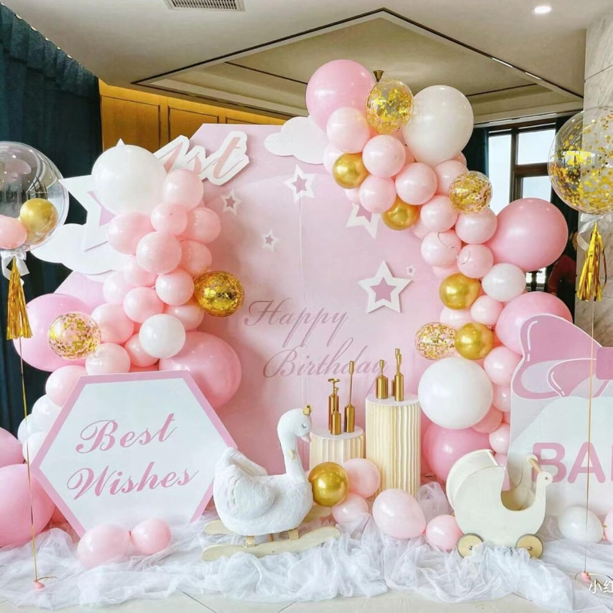 FunHot Pink and Gold Balloons, 60Pcs Retro Pink White Balloons, 12 Inch Metallic Gold Confetti