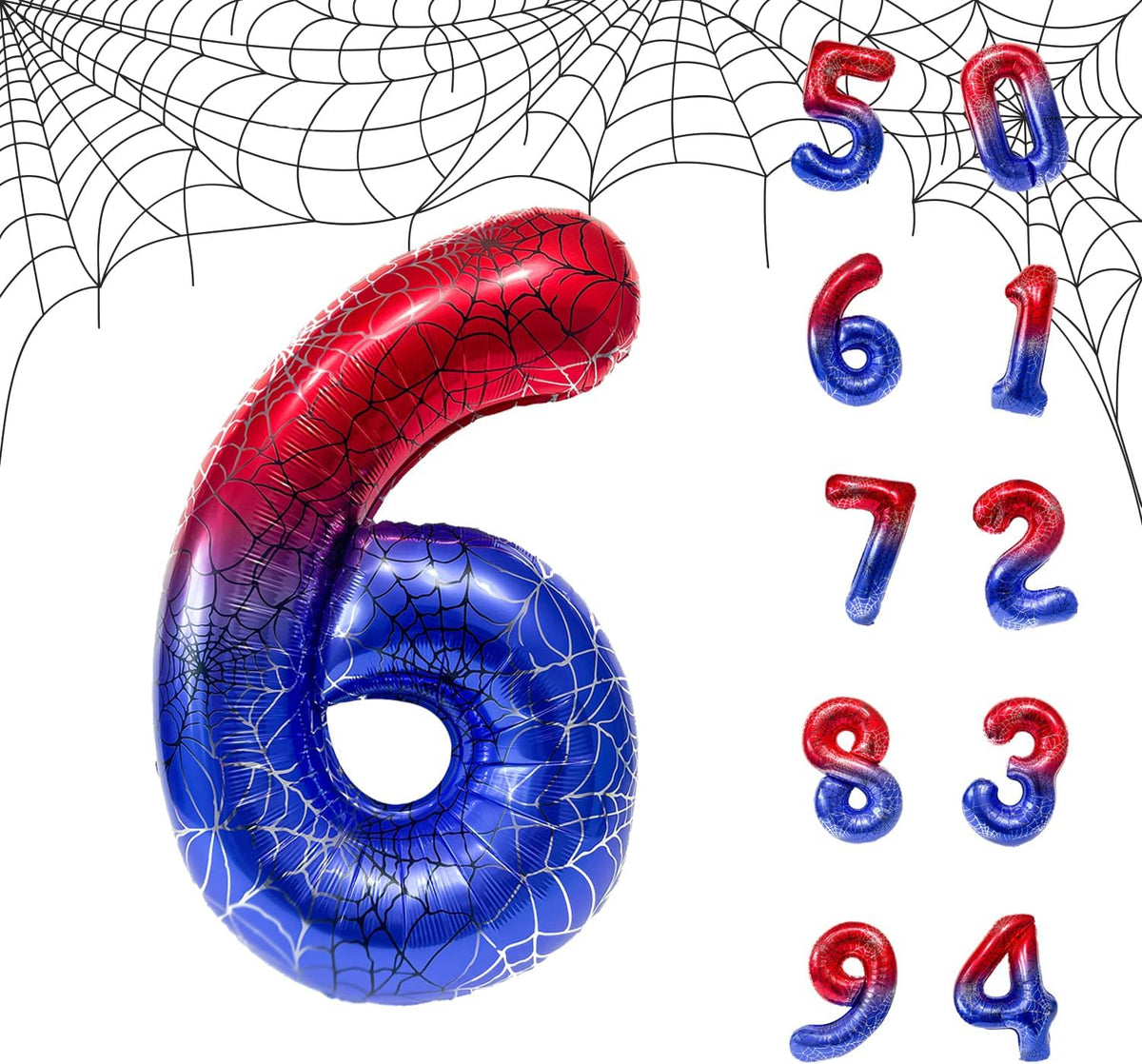 Spider Web 40Inch Foil Number Balloons Set 0-9 Includes Inflation Straws - Giant 7 Decor for