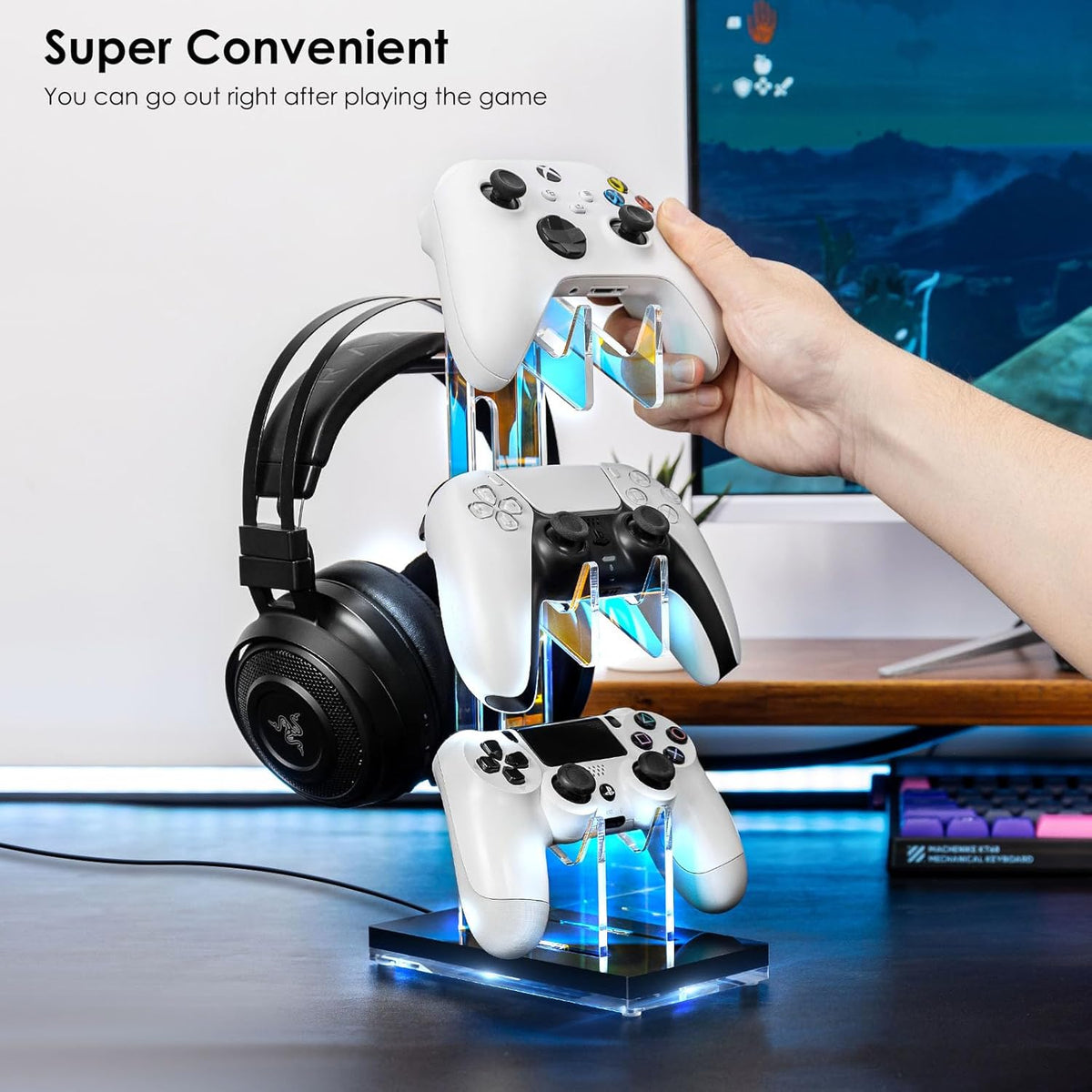 OAPRIRE Controller Holder Headset Stand with Lights, 3 Tier Acrylic Gaming Controller Stand for
