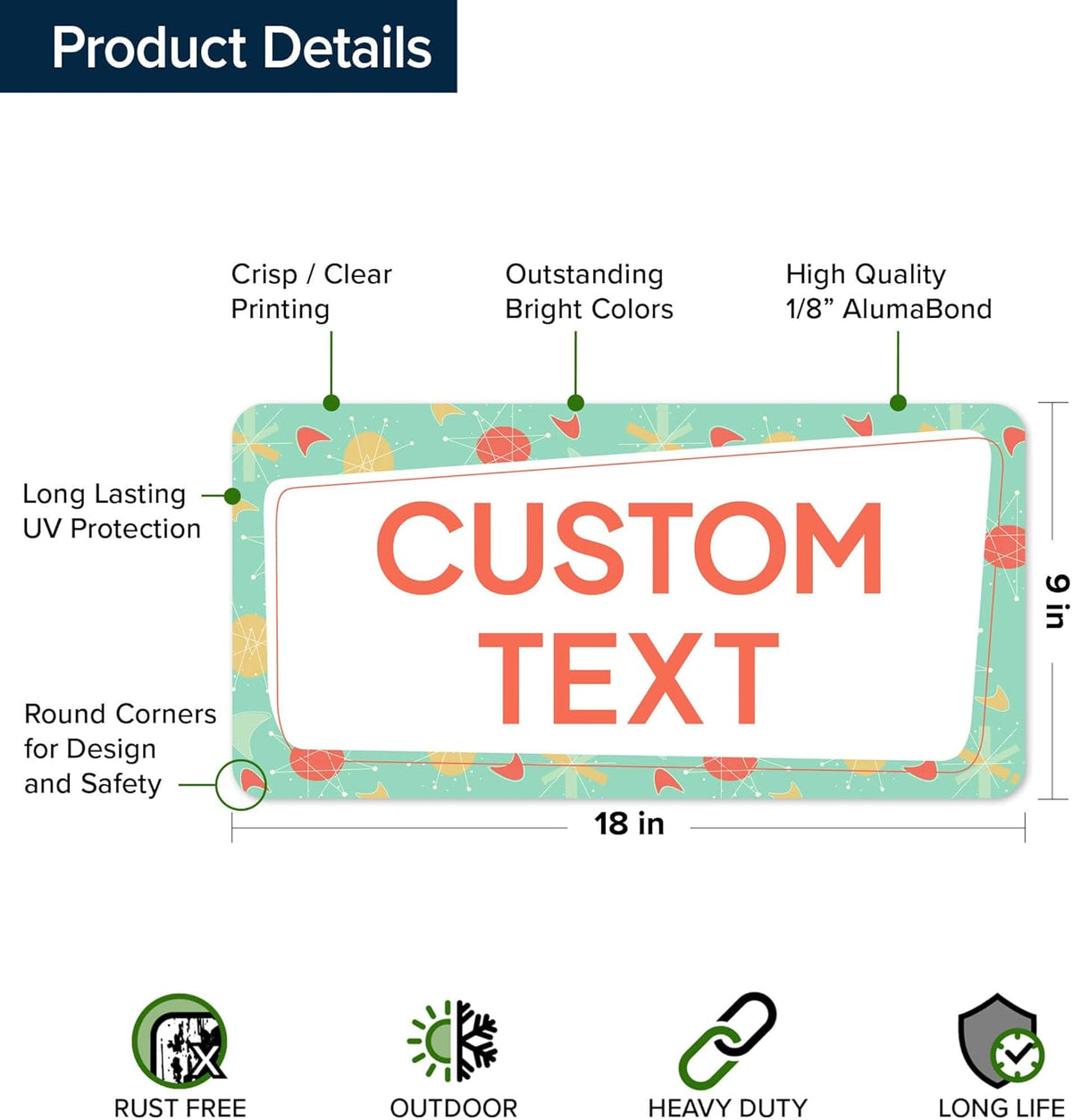 Custom Sign, Custom Street Sign, 11 Font Colors, 13 Font Styles, 4 Hole Options, 22 Sizes, 9x18