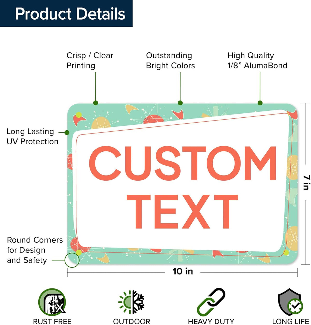 Custom Sign, Custom Street Sign, 11 Font Colors, 13 Font Styles, 4 Hole Options, 22 Sizes, 7x10