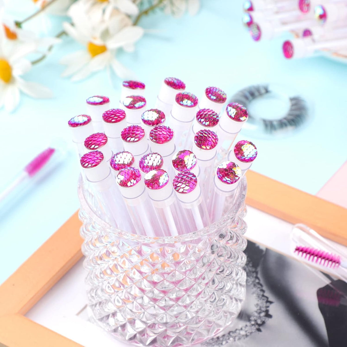 50 Piece Disposable Mascara Brushes Eyelash Extension Brush Diamond Mascara Wands with Tube