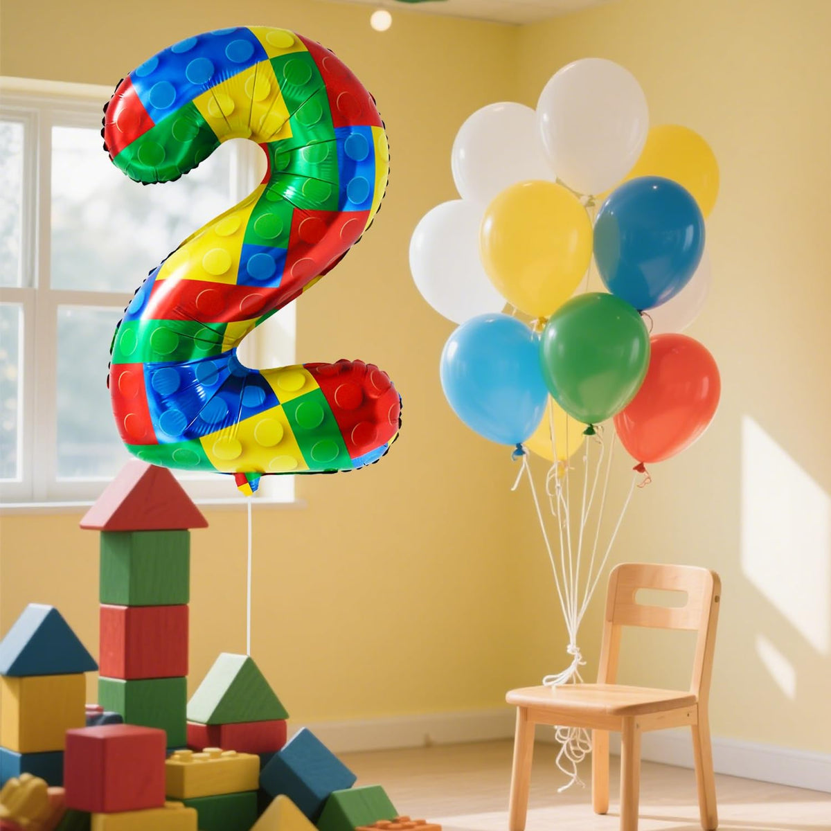 32 Inch Stackable Block Number Balloon – Colorful Brick Building Themed Big Helium Digits for Kids