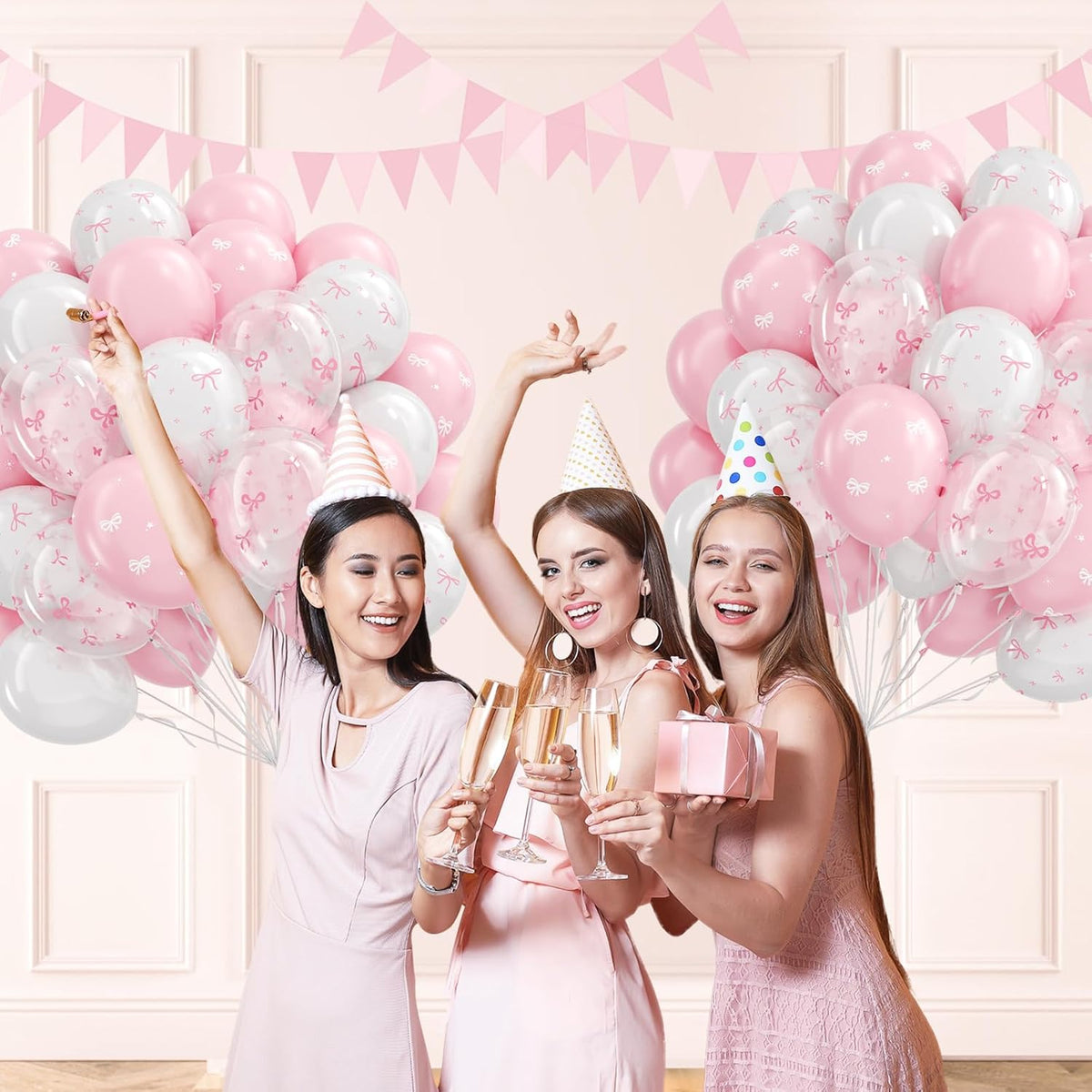 60pcs Pink Bow Balloons 12inch with Pink White Clear Bow Balloons for Pink Coquette Wedding Baby