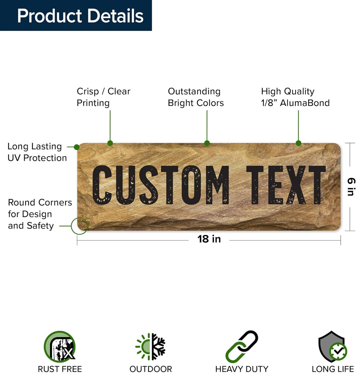 Custom Sign, Custom Street Sign, 11 Font Colors, 13 Font Styles, 4 Hole Options, 22 Sizes, 6x18