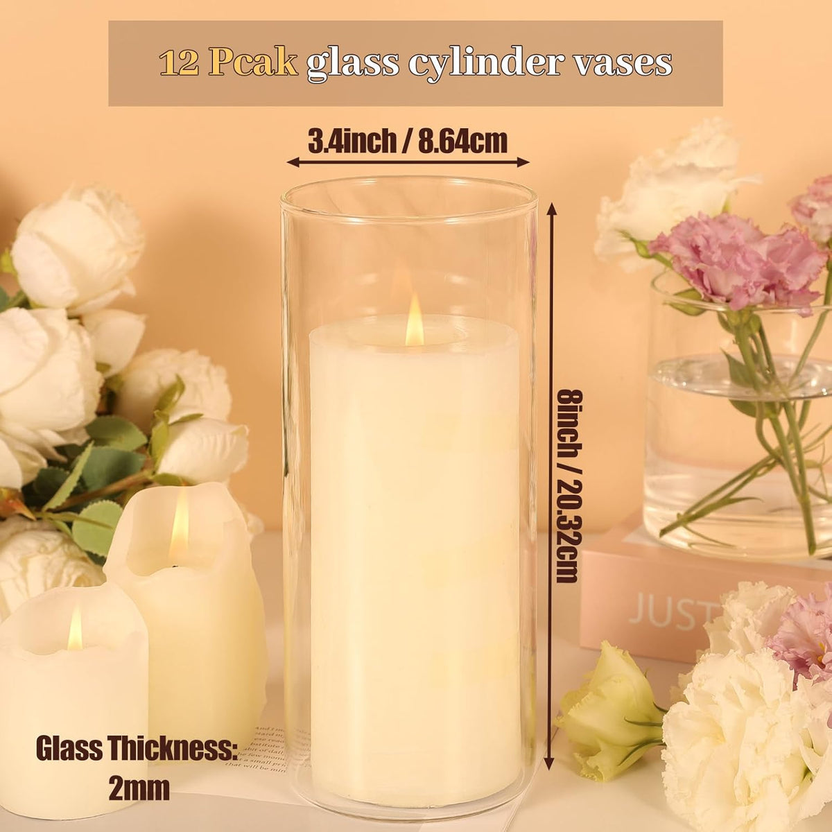 12Pcs Glass Cylinder Vases 8 Inch Tall Clear Flower Vases for Centerpieces Wedding Decoration