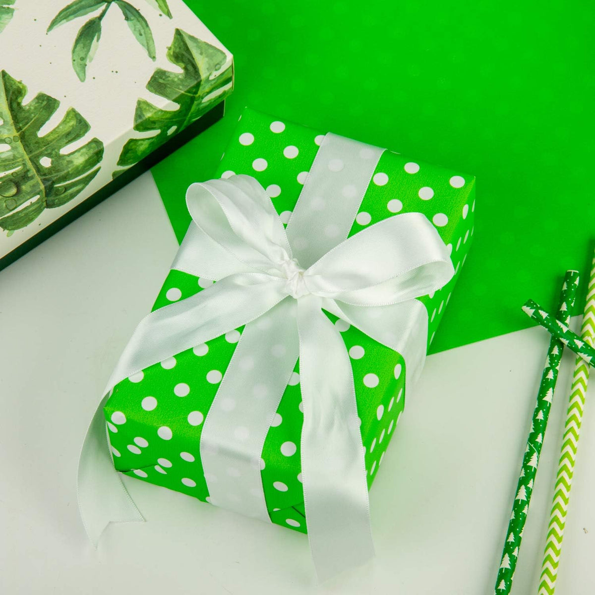 WRAPAHOLIC Reversible Wrapping Paper - Mini Roll - 17 Inch X 33 Feet - Green and Polka Dot Design