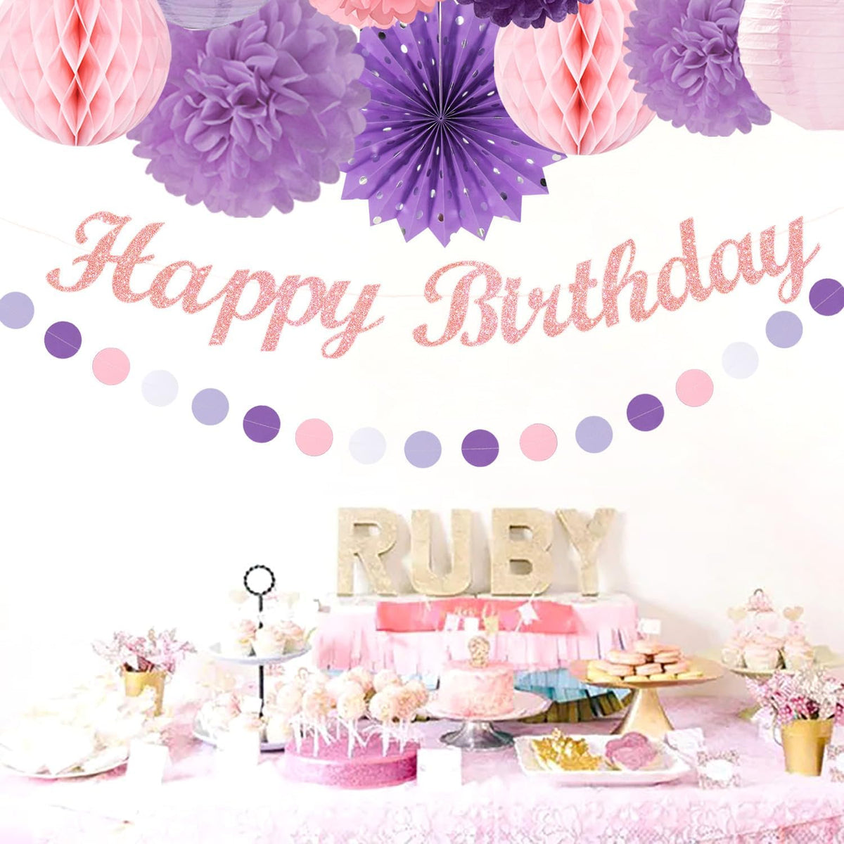 Purple Lilac-Lavender Pink Women Birthday Party-Decorations - 21pcs Happy Banner,Paper Lanterns