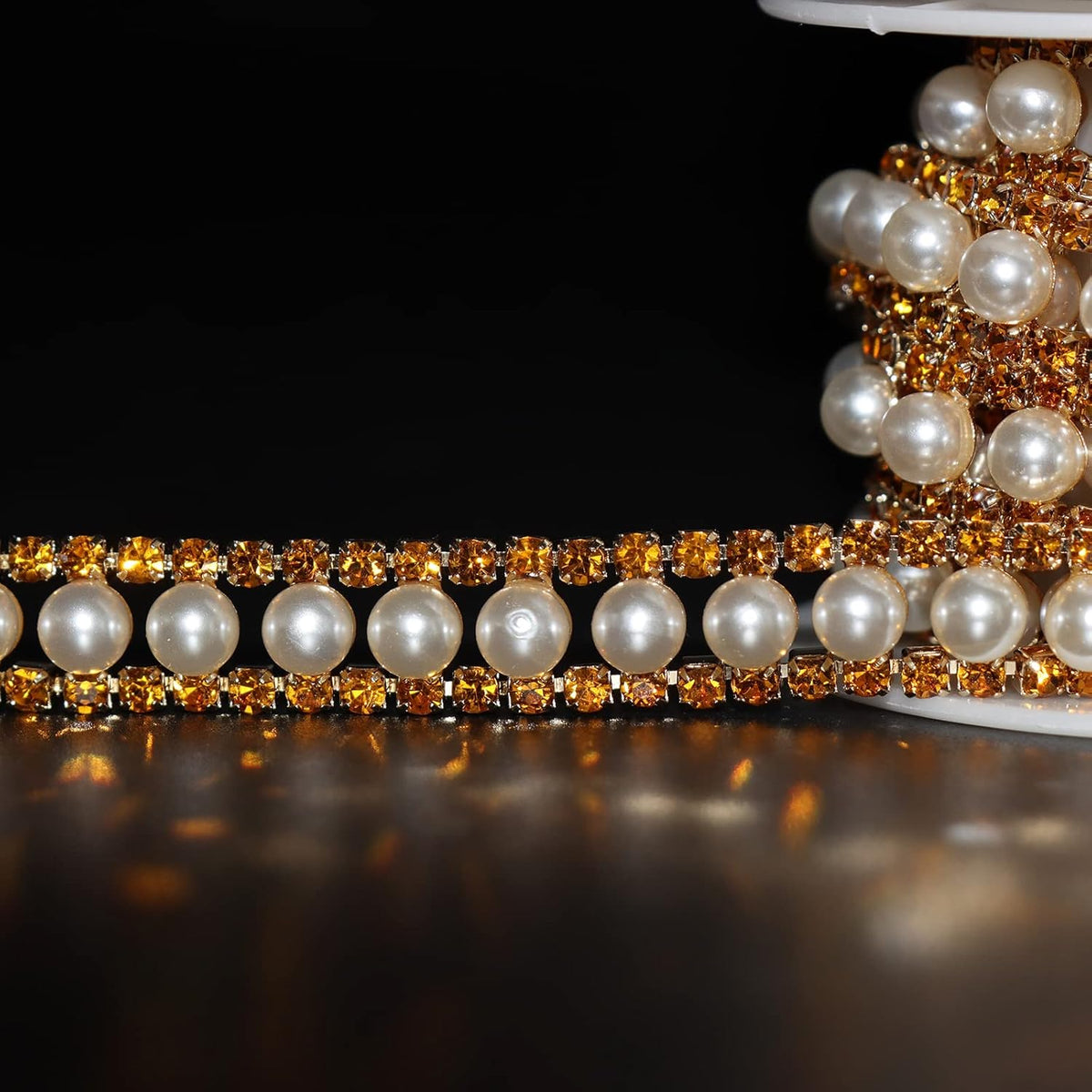 Jerler Gold Rhinestone Trim Applique 1 Yard 2 Rows Crystal Chain Banding Diamond Inlaid White Pearl