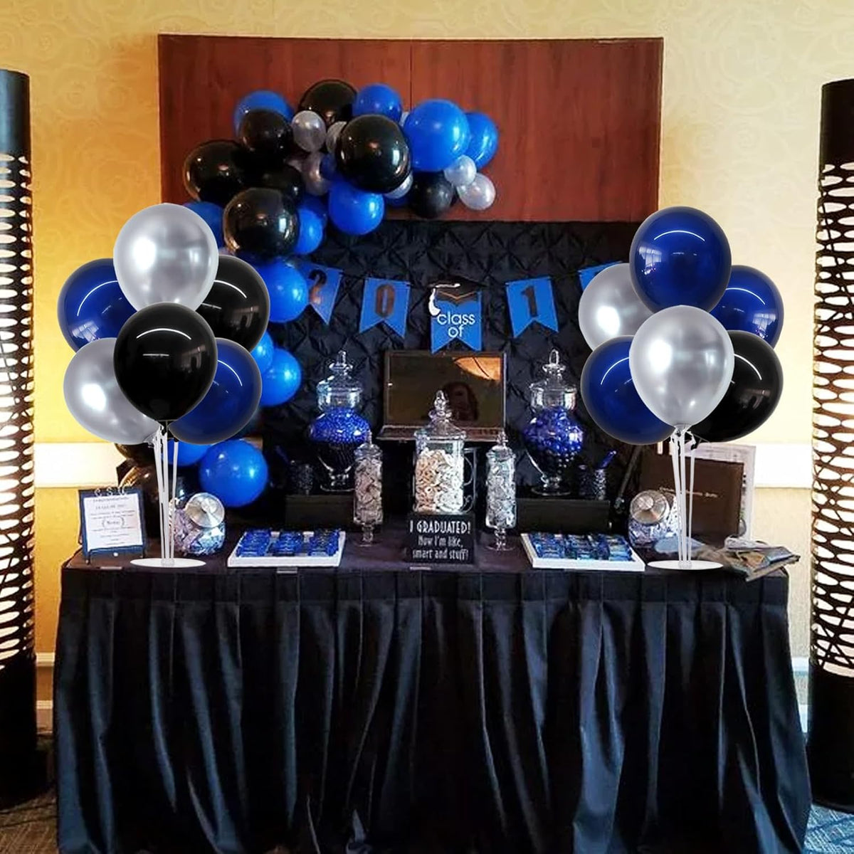 TONIFUL 4 Set Black and Blue Silver Balloon Centerpieces for Table,Balloon Stand Kit for Graduation