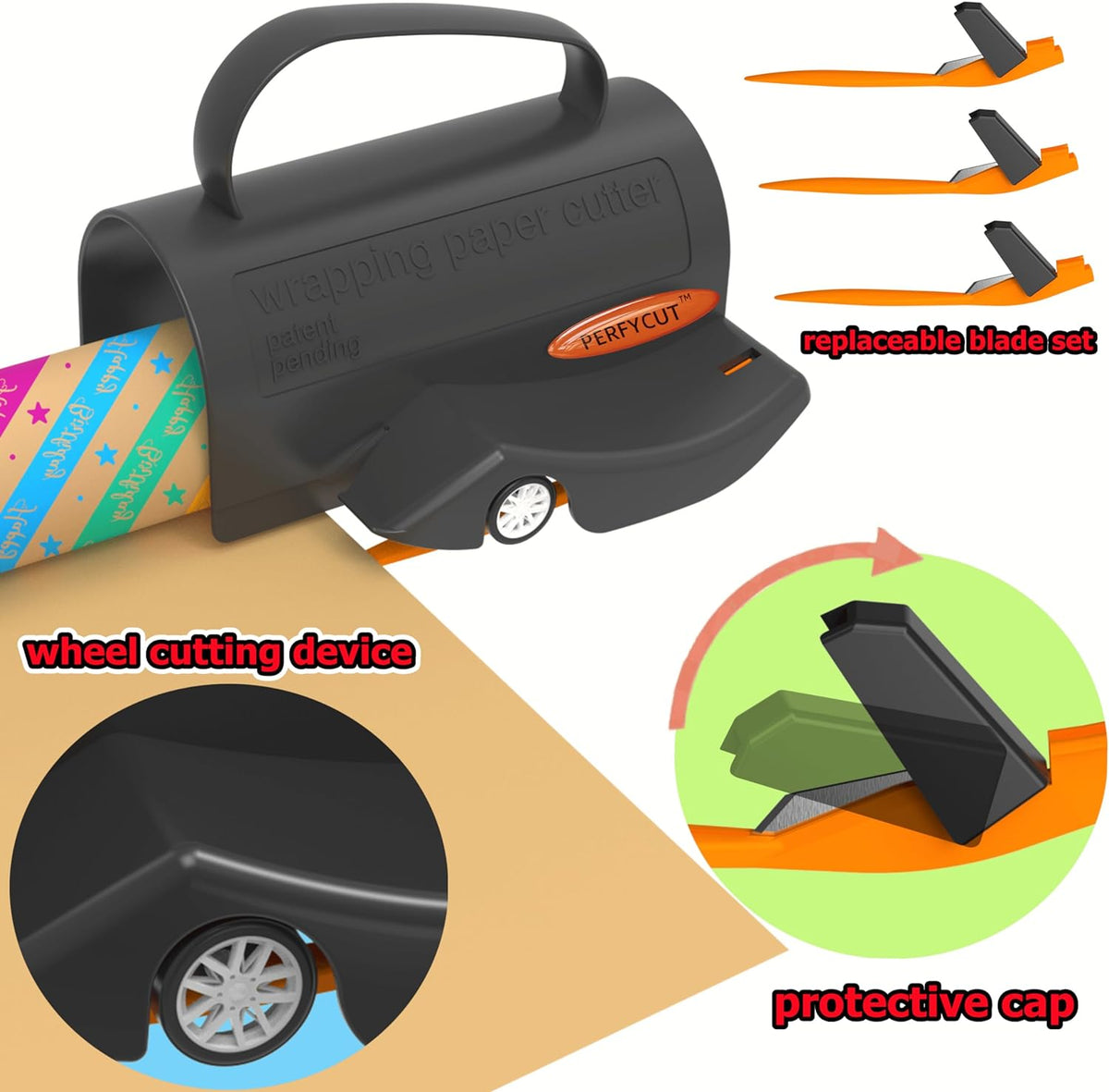 Wrapping Paper Cutter with 3 Replaceable Blade Sets for Birthday Paper Gift Wrapping Paper Roll