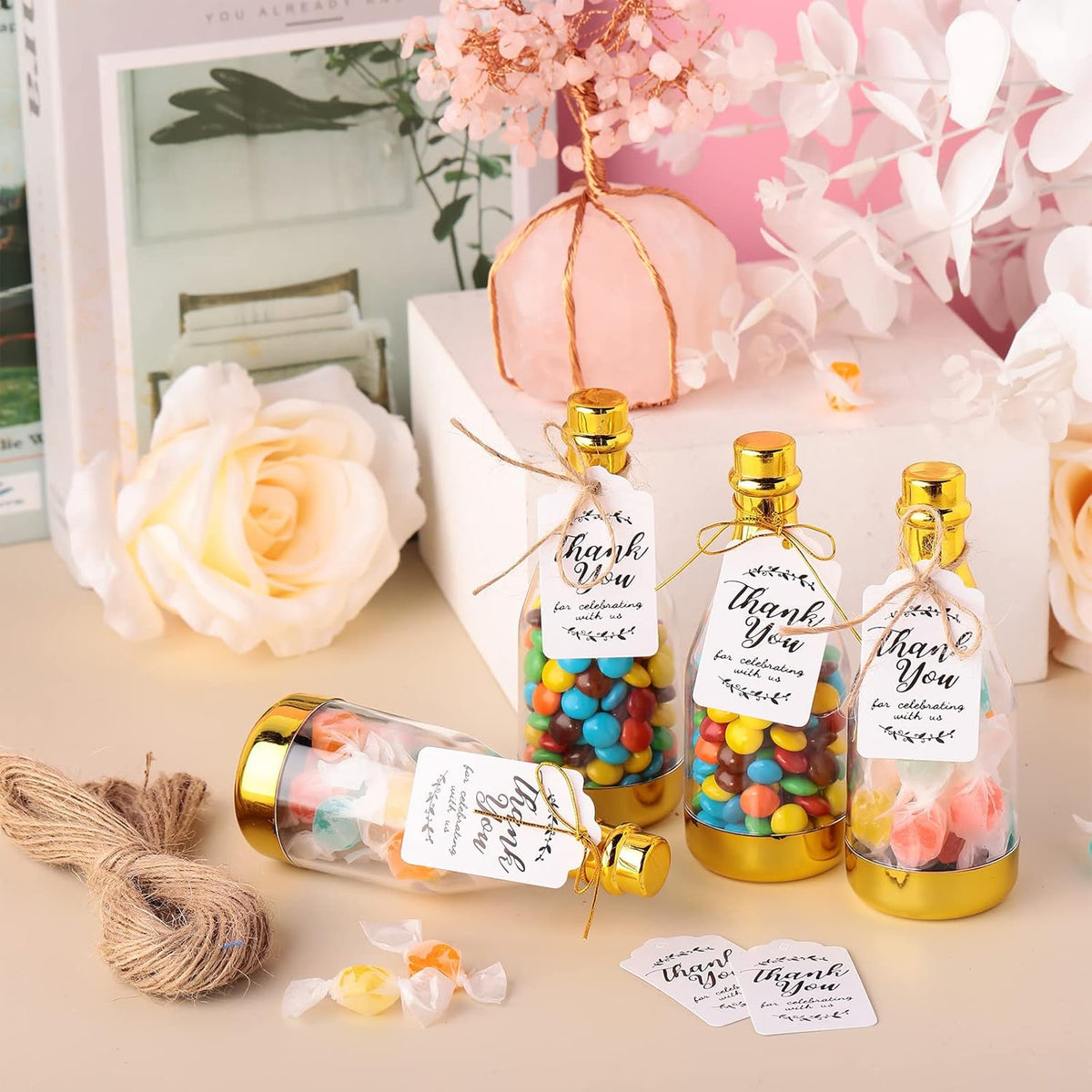 Gerrii 100 Pcs Metallic Mini Champagne Bottle Candy Container Shaped Jars Gold Plastic DIY Favor