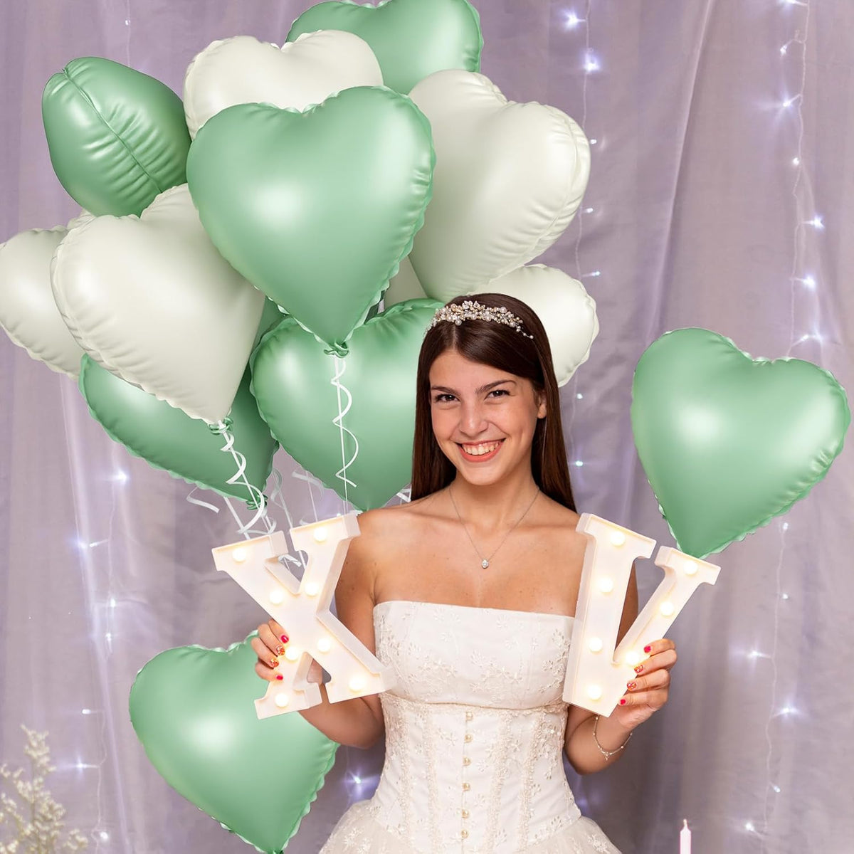 Sage Green White Heart Balloons, 10PCS Green Beige Foil Heart Balloons, 18inch Olive Green Cream