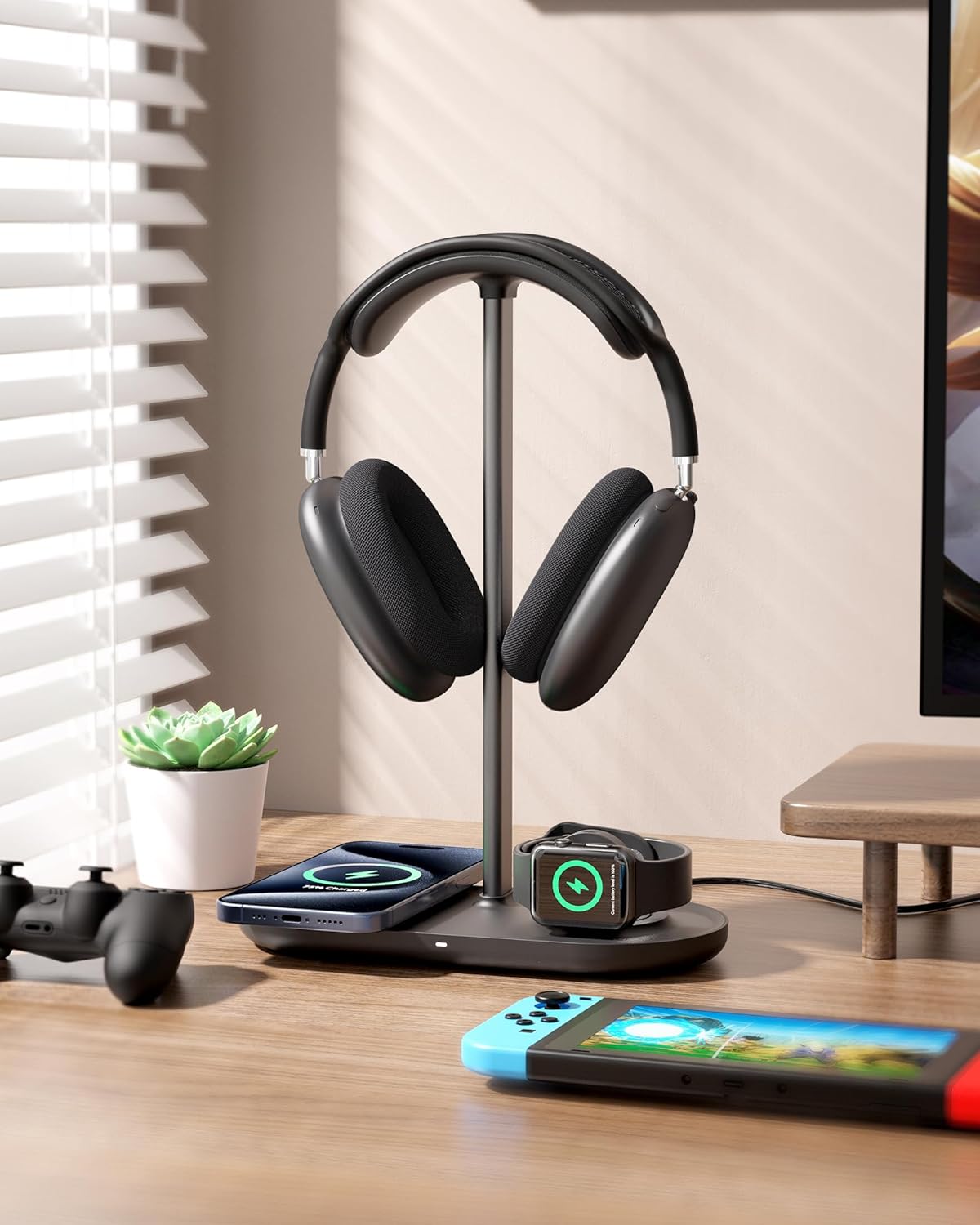 HiWe Universal Headphone Stand, Magnetic Wireless Charger for iPhones/AirPods/iWatch, Aluminum