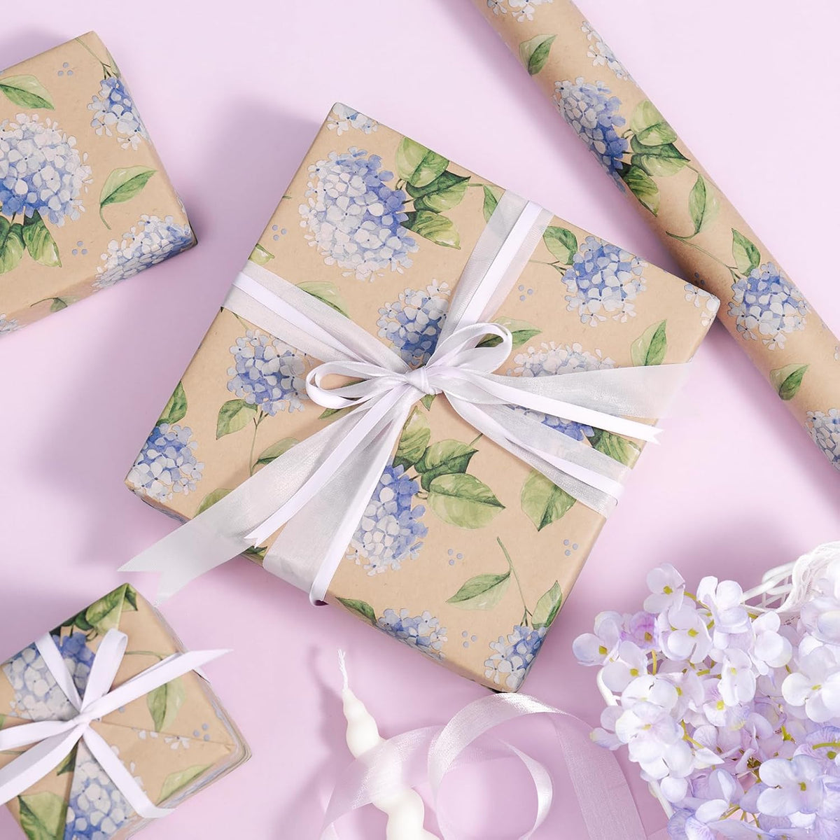 RUSPEPA Hydrangea Wrapping Paper for Women Girls, Mini Roll, Delicate Blooming Floral Gift Wrap
