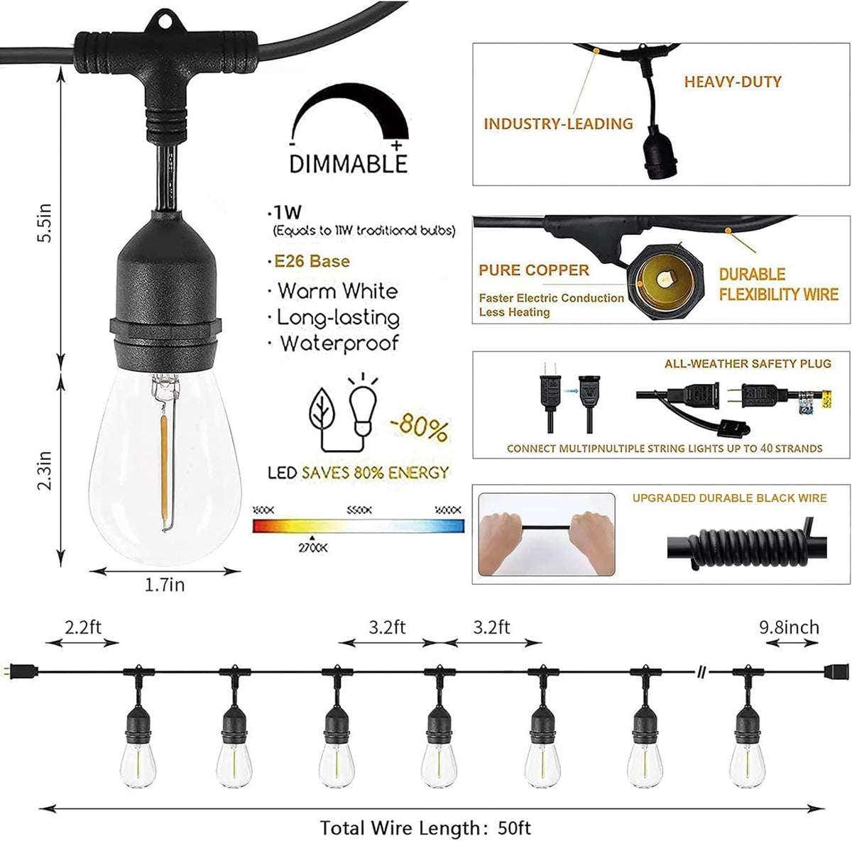 Svater Outdoor String Lights Led 105FT, Commercial Grade Patio Lights with 1W Dimmable S14