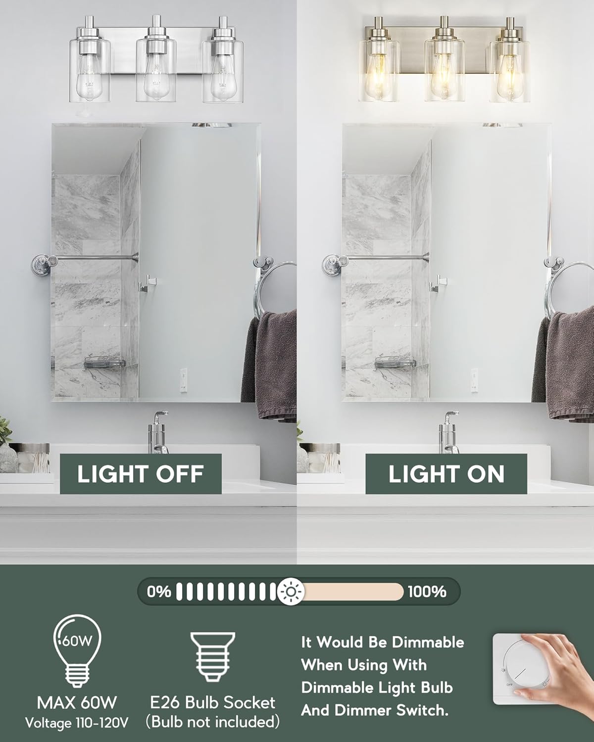 3-Light Bathroom Light Fixtures, Brushed Nickel Vanity Light with Cylinder Clear Glass Shade