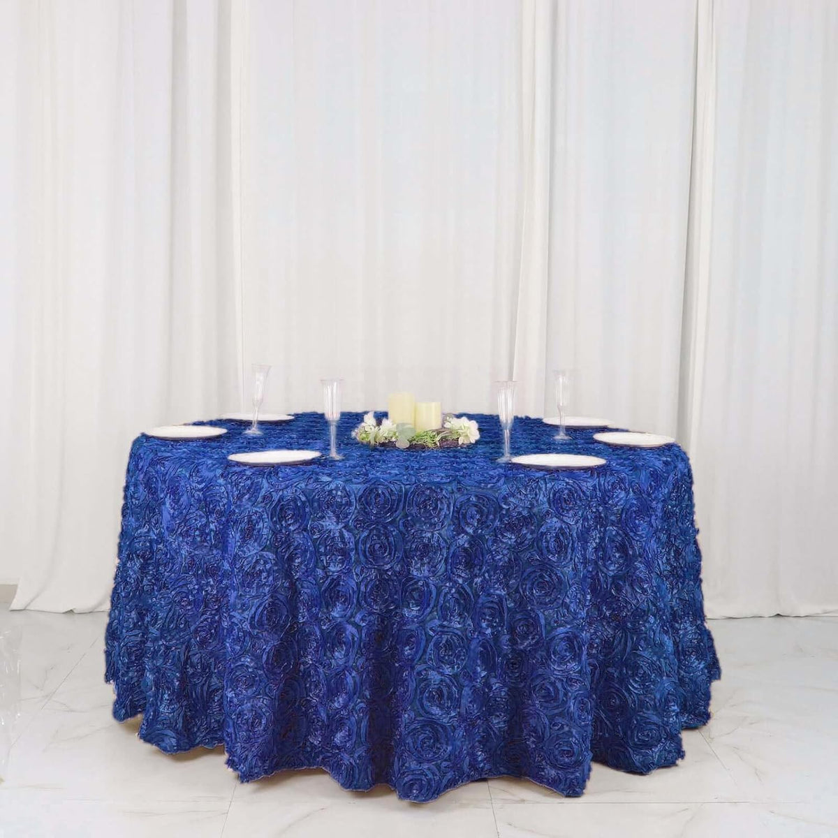 Efavormart 120" Wholesale Round Table Cover Royal Blue Grandiose Rosette 3D Satin Tablecloth for