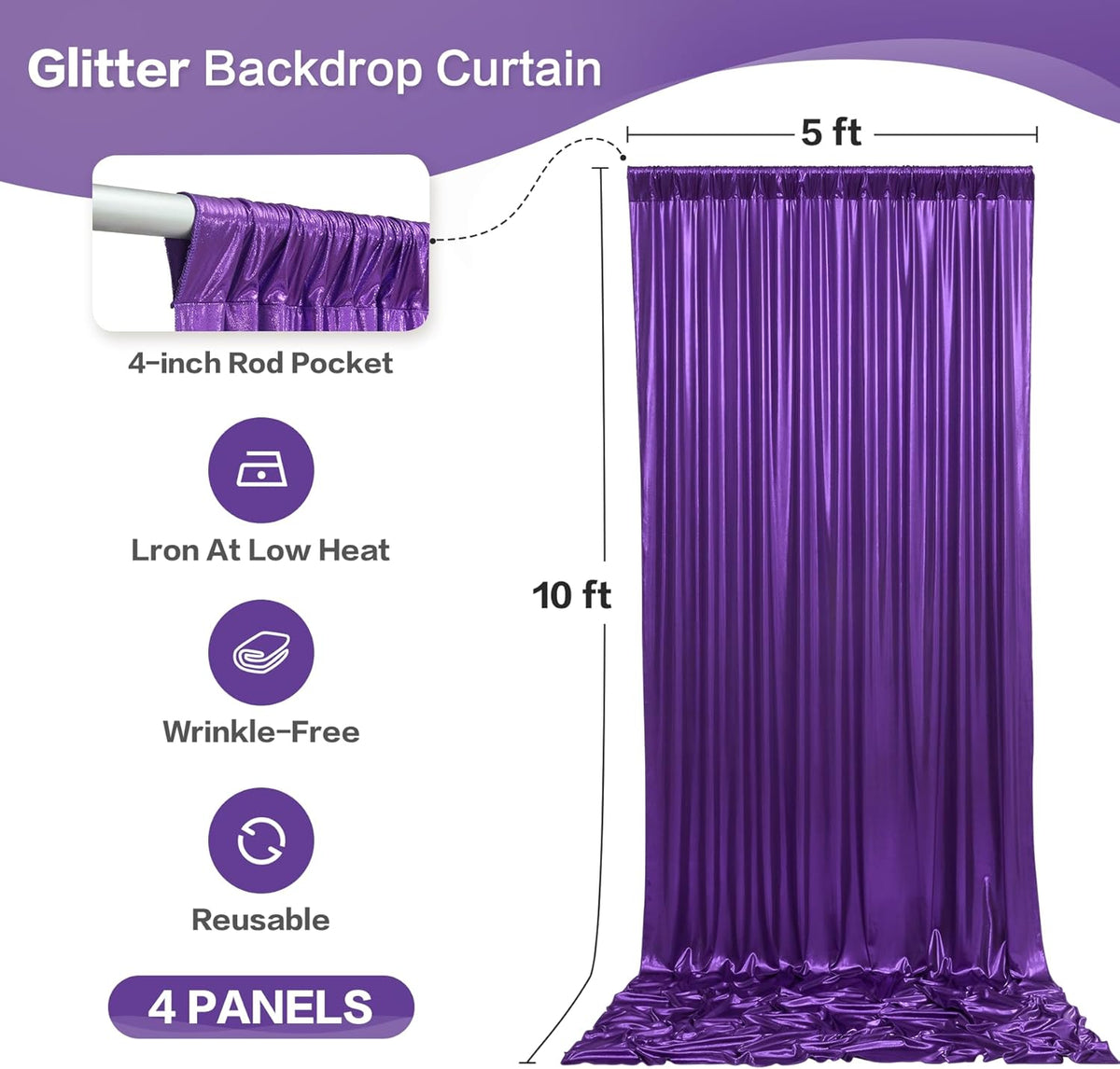 gogoparti 20x10FT Purple Sequin Backdrop Curtain - 4 Panels of 5x10FT Wrinkle-Free Glitter Drapes
