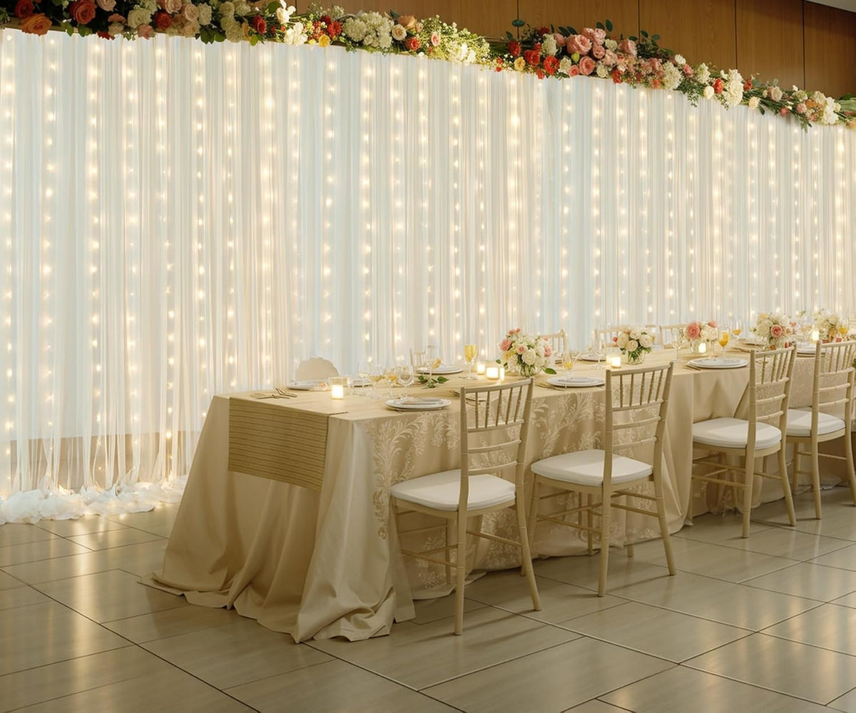 Ivory Tulle Backdrop Curtains with Lights String for Parites Wedding 20×8ft Ivory Sheer Backdrop