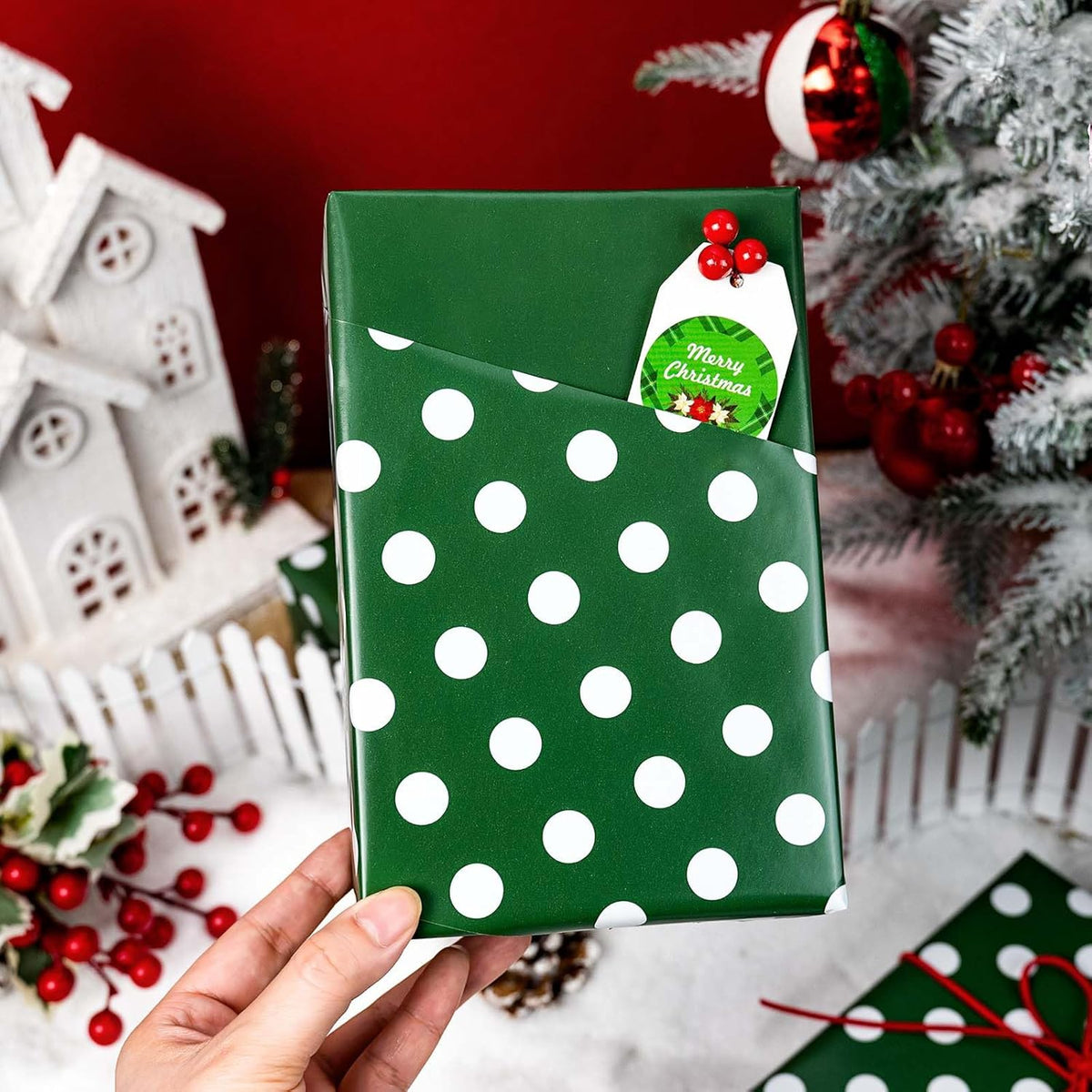 Burymento Green and White Dots Wrapping Paper, Reversible Pink Gift Wrap for Birthday, Valentines