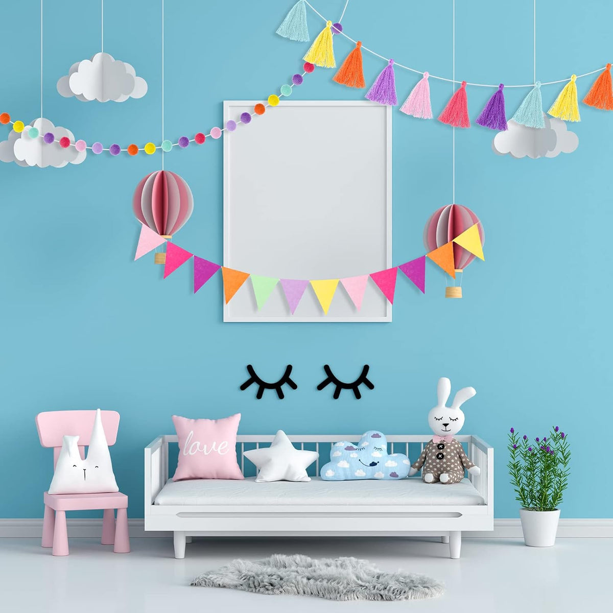 Irenare 9.8 ft Pom Pom Garland Felt Colorful Tassel Banner Christmas Party Pompoms Garland