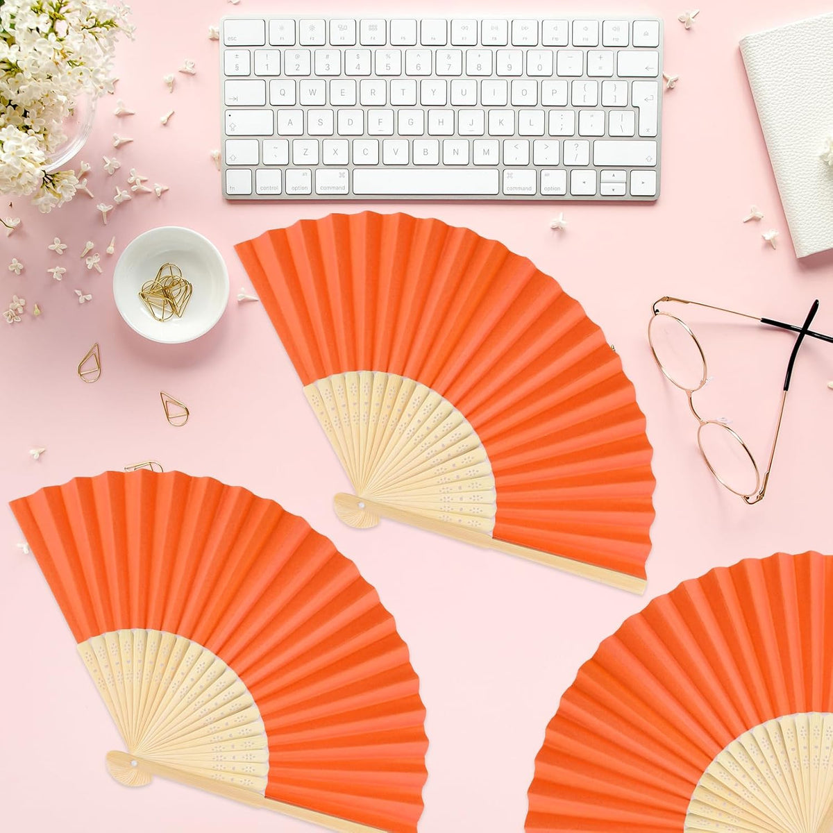 12 Pieces Orange Hand Held Bamboo Folding Fans Paper Fans Handheld for Women Foldable Girls Wedding