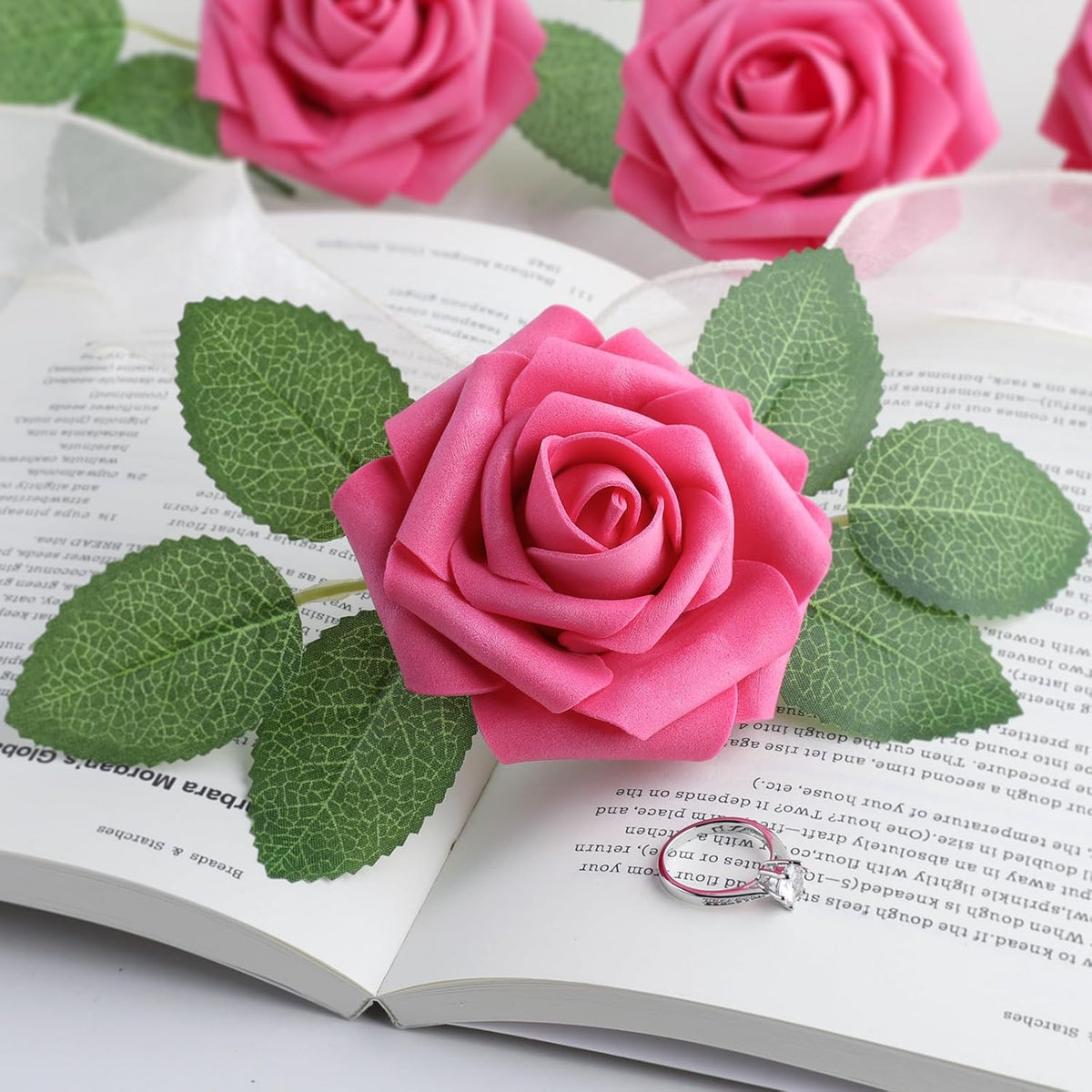 AmyHomie 25pcs Real Looking Artificial Hot Pink Roses w/Stem for DIY Wedding Bouquets Centerpieces