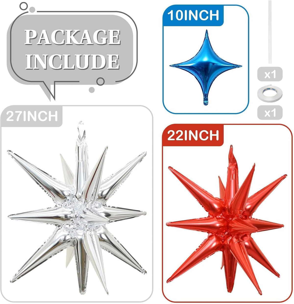 Red Blue Silver Star Balloons 12pcs, 27/22 Foil Inch Star Explosion Balloons, Large Spike Mylar
