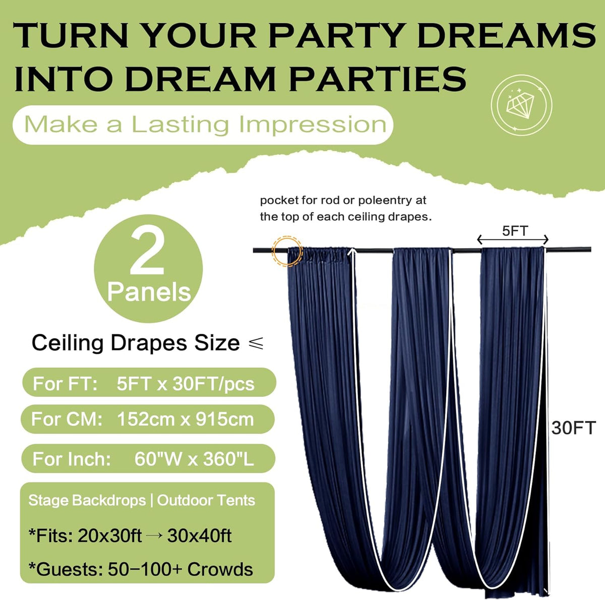 PartyVillage 2 Panels 5ftx30ft Navy Blue Ceiling Drapes for Wedding Parties – 30 FT Extra Long