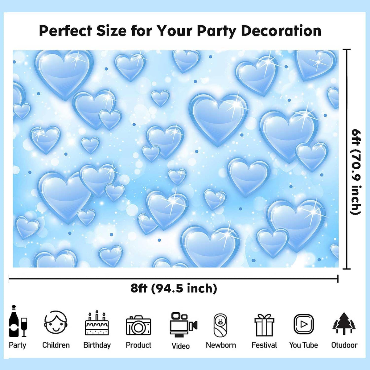 Sensfun 8x6ft Light Blue Heart Backdrop Early 2000s Party Decorations Old School Backdrops