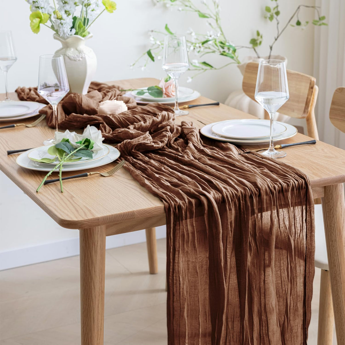 Asee'm 12pcs Cheesecloth Table Runner 120 Inches Long Brown Boho Gauze Cheese Cloth Runner 10FT