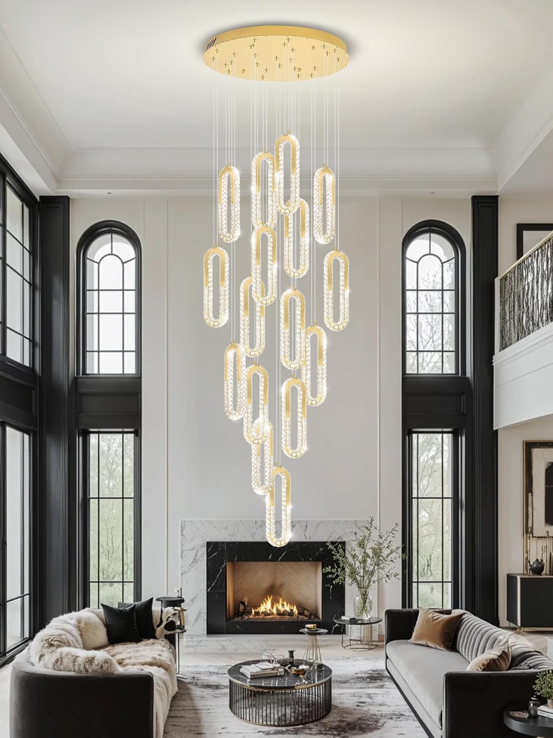 H138 Large Chandelier for High Ceiling,Modern 16-Rings Crystal Chandeliers for Entryway,Gold