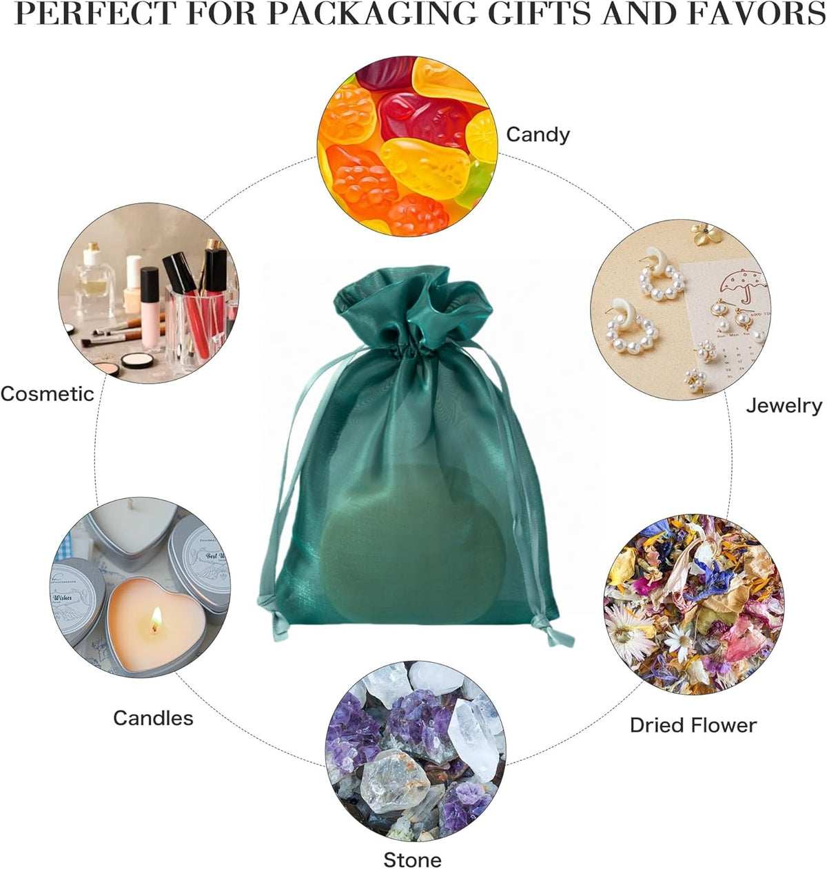 QIANF 20 Pcs Dark Green Small Organza Bags 4X6 inch for Wedding Favors with Drawstring, Mini Mesh